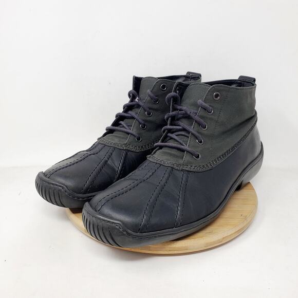 J Crew Duck Boots Mens 10 Waxed Canvas Black Leather Retro Lace Up Ankle Shoes - Picture 2 of 16